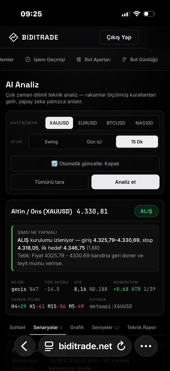 BIDITRADE paneli: İşlemler, İşlem Geçmişi, Bot Ayarları ve Bot Günlüğü sekmeleri